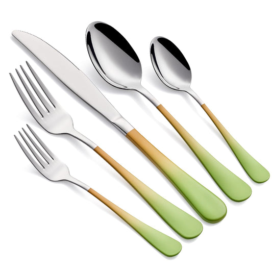 Colorful Avocado and Apricot Silverware Set 20-Piece 18/0 Stainless Steel Flatware Green and Orange Handle Cutlery Set Service for 4 Fork Knife Spoon Set Mirror Finish Dishwasher Safe