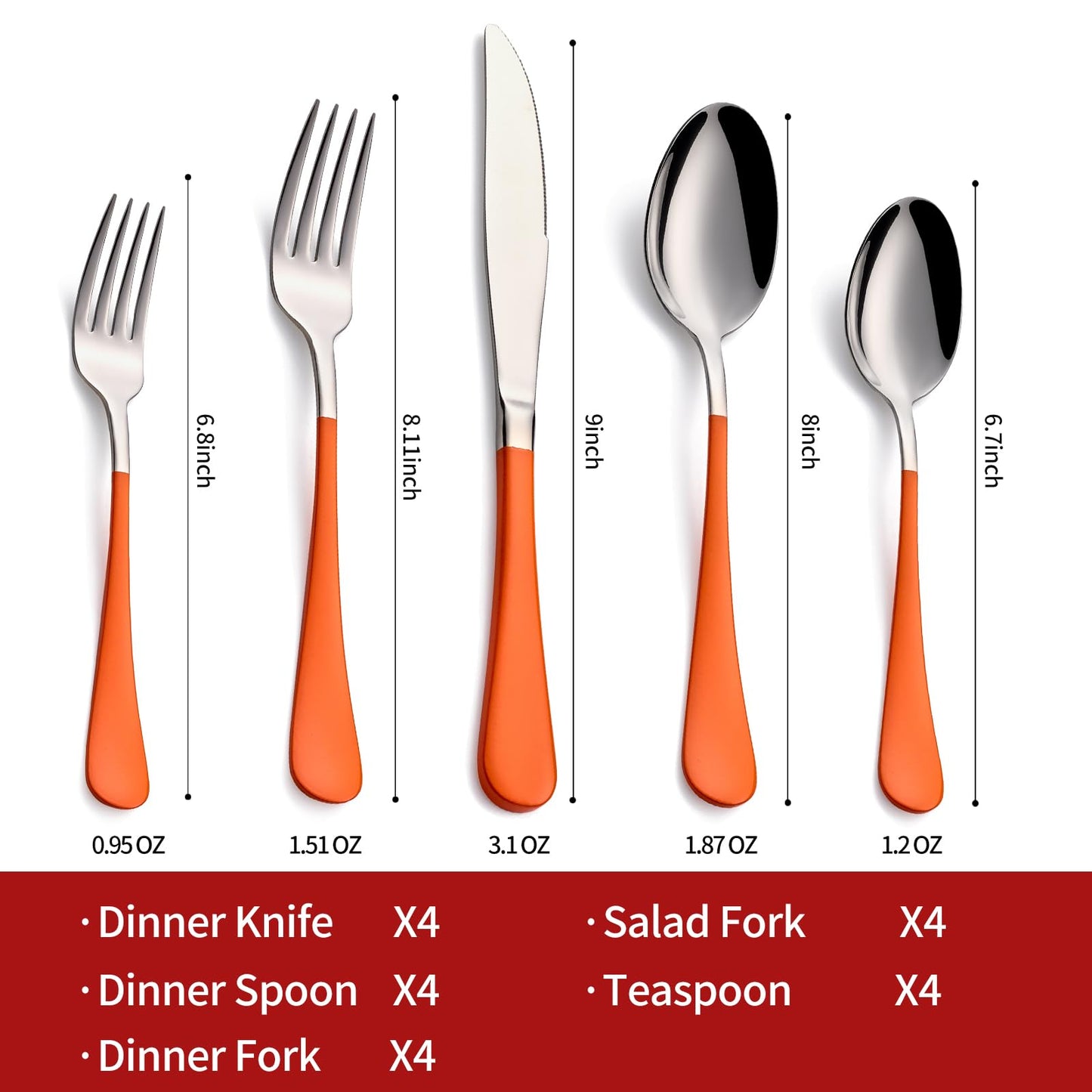 Tangerine 20-Piece  Silverware Set 18/0 Stainless Steel Flatware Orange Handle Cutlery Set Service for 4 Dinner Knives Forks Spoons Set Mirror Finish Dishwasher Safe