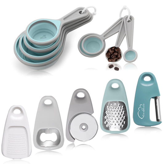 Kitchen Gadgets Set 13-Piece, Space Saving Cooking Tools Includes Cheese Grater, Pizza Cutter, Peeler, Bottle Opener, Garlic Grinder, Collapsible Measuring Cups Spoons for Small Kitchen RV Camp