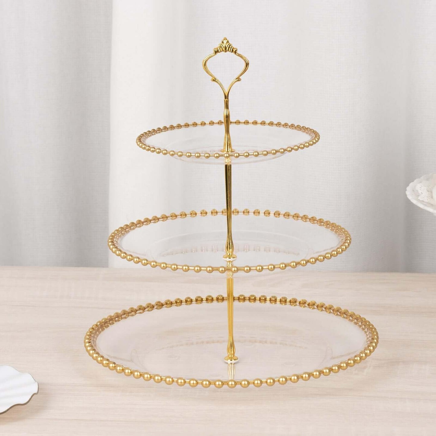 Efavormart Clear 3-Tier Round Plastic Cupcake Tower Stand with Gold Beaded Rim, Dessert Display Tea Party Serving Platter With Top Handle - 14" Tall