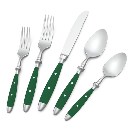 18/10 Brushed 20-Piece Silverware Set, Stainless Steel Flatware Set with POM Green Handle, Dishwasher Safe, Service for 4, Everyday Utensils Set for Home Restaurant