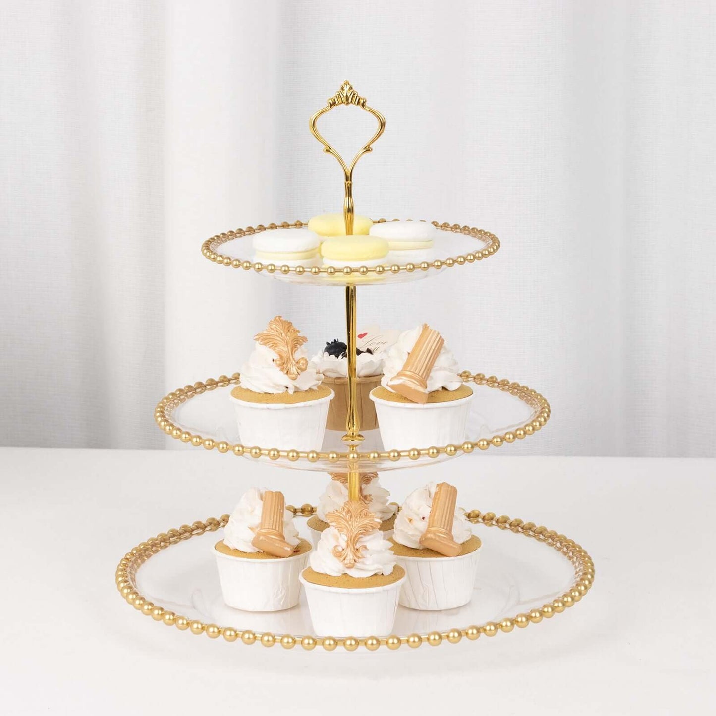Efavormart Clear 3-Tier Round Plastic Cupcake Tower Stand with Gold Beaded Rim, Dessert Display Tea Party Serving Platter With Top Handle - 14" Tall