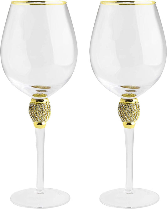 The Wine Savant Large Diamond Wine Glasses, Gold Rim Rhinestone Diamond Glasses - Wedding Glasses - 15 Ounce, Premium Designed Wine Glasses for Spirits and Wine, Gift Boxed (2, Clear)