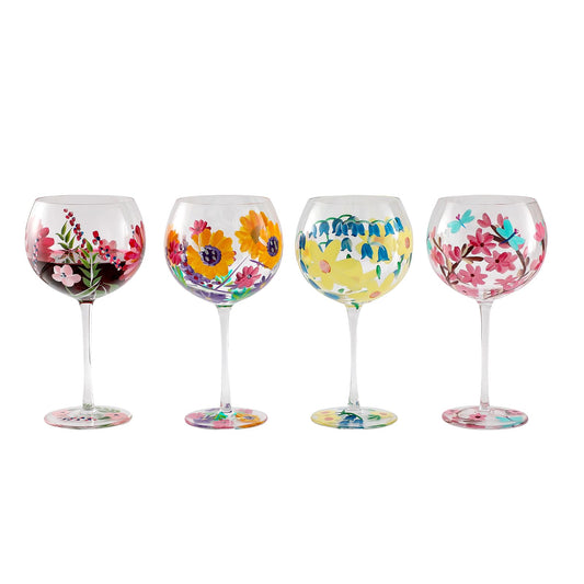 Hand-Painted Wine Glasses, Colorful Watercolor Flowers Artisan Painted, 20 Oz. Mixed Set of 4 Personalized Artisan Painted Different Flowers
