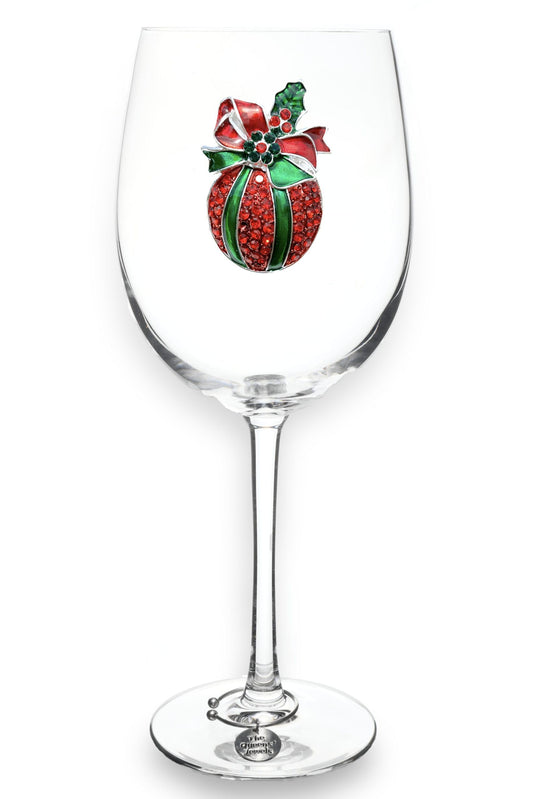Christmas Ornament Jeweled Stemmed Wine Glass, 21 oz. - Unique Gift for Women, Birthday, Cute, Fun, Not Painted, Decorated, Bling, Bedazzled, Rhinestone