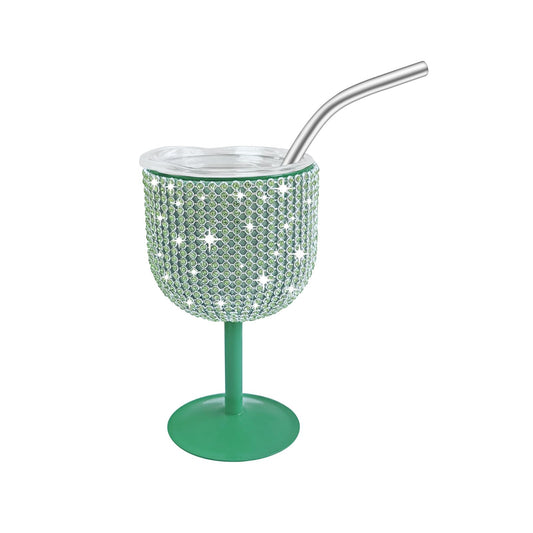 INSTOME Rhinestone Stainless Steel Wine Glasses,4oz Bling Stemmed Stainless Steel Wine Tumbler with Lid and Straw for Camping,Picnics,Travel,Birthday Gifts for Family (green, 4oz)