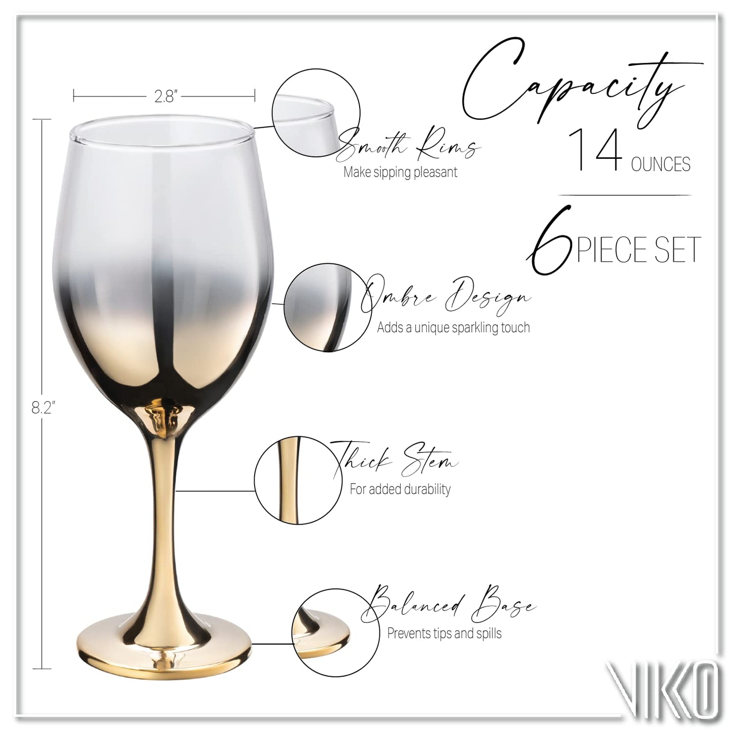 Vikko Décor Gold Ombre Wine Glasses: 14 Ounce Fancy Wine Glasses With Stem for Red and White Wine – Thick and Durable – Dishwasher Safe Goblets – Great Gift Idea – Set of 6 Decorative Wine Glasses…