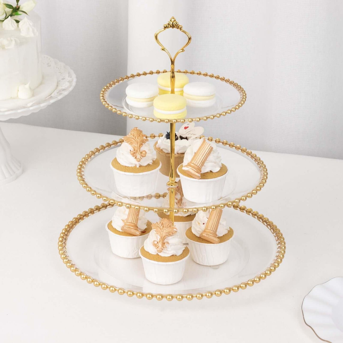 Efavormart Clear 3-Tier Round Plastic Cupcake Tower Stand with Gold Beaded Rim, Dessert Display Tea Party Serving Platter With Top Handle - 14" Tall