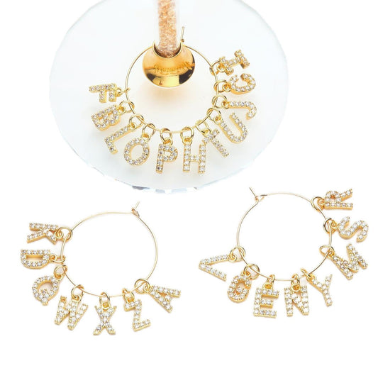 Pride & par Gold Bling Letter Wine Glass Charms 26 piece/Set Diamond Wine Glass Markers for Stem Glasses Shinny Wine Glass Decoration Mix & DIY for Weddings Parties