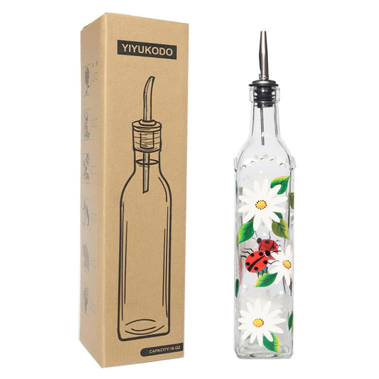 YIYUKODO 17oz Hand Painted Glass Olive Oil Bottle Dispenser- 500ml Green Oil & Vinegar Cruet with Pourers - Olive Oil Carafe Decanter for Kitchen (olive)