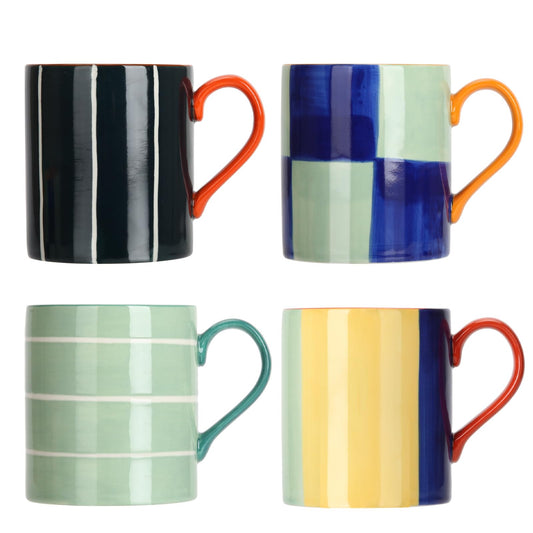 Koja Colorful Hand Painted 16 oz. Porcelain Ceramic Mugs Set. Service for 4.