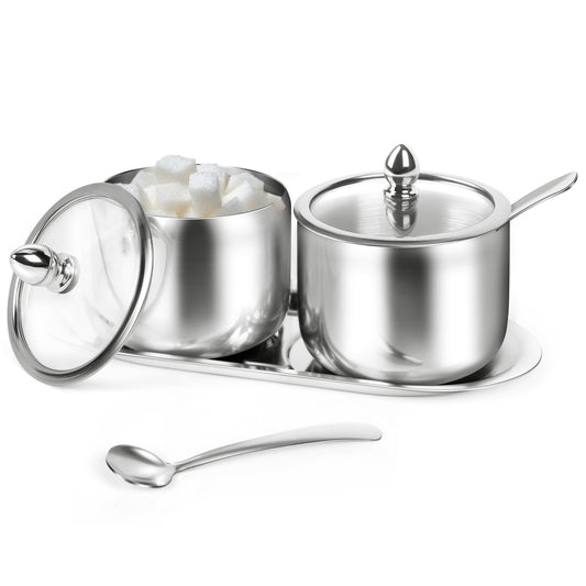 2 Pcs Stainless Steel Sugar Bowl with Tray - Sugar Container with Glass Lid and Spoon for Coffee Bar Accessories Storage for Brown Sugar,Salt,Tea,Coffee Bean,Sugar Cubes (Silver)