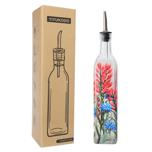 YIYUKODO 17oz Hand Painted Glass Olive Oil Bottle - 500ml Green Oil & Vinegar Cruet with Pourers - Olive Oil Carafe Decanter for Kitchen (Red and blue flower)