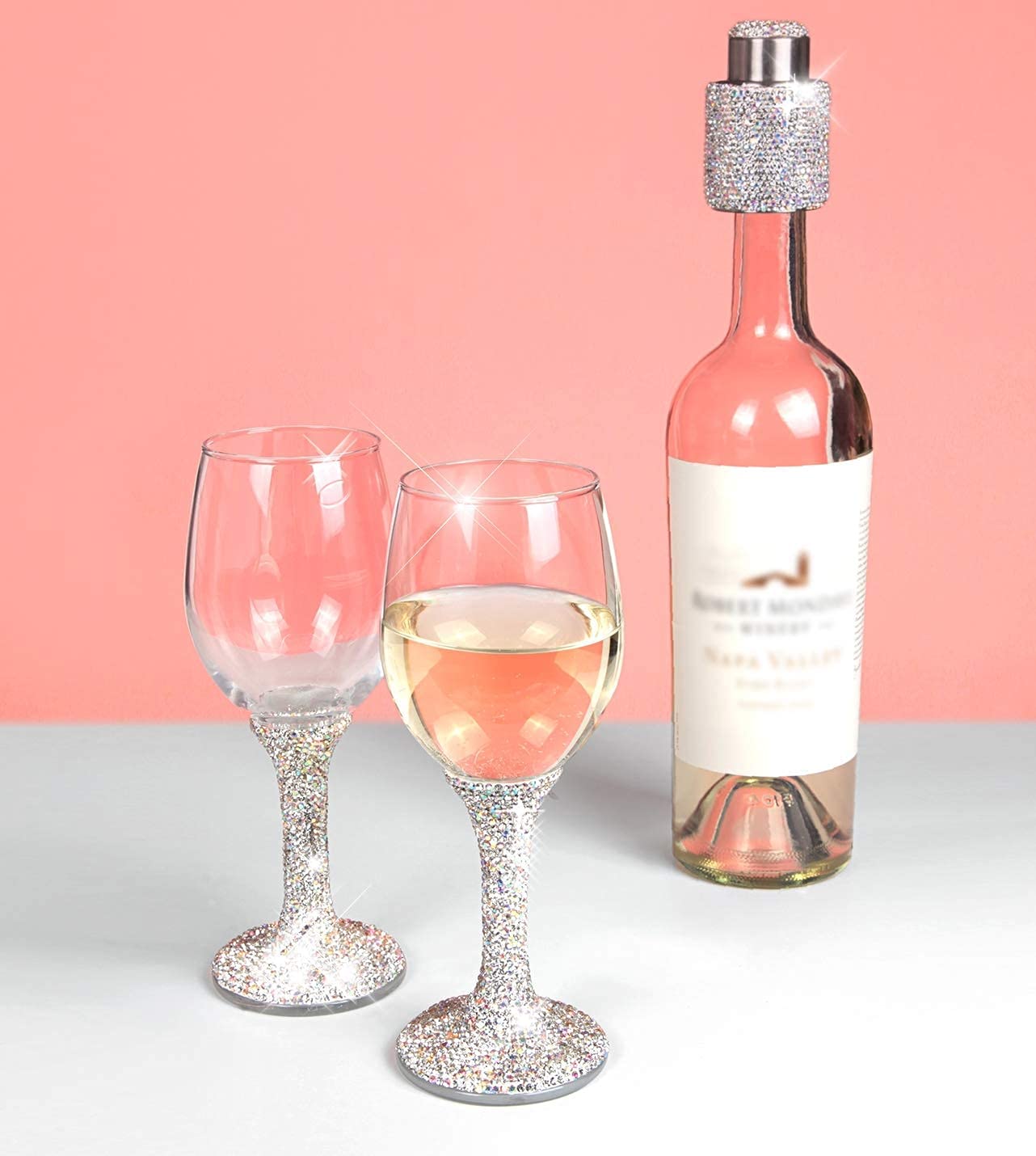 TISHAA Bling Wine Glass All Purpose, Bedazzled Rhinestone Diamond Wine Glasses, Dazzling Glam Decor Red and White Wine Glasses for Wedding Christmas Thanksgiving, (White)