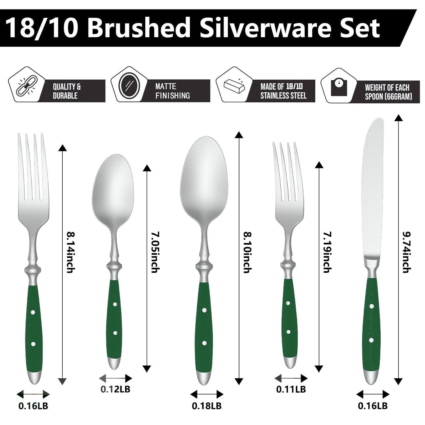 18/10 Brushed 20-Piece Silverware Set, Stainless Steel Flatware Set with POM Green Handle, Dishwasher Safe, Service for 4, Everyday Utensils Set for Home Restaurant