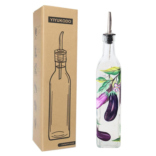 YIYUKODO 17oz Hand Painted Glass Olive Oil Bottle - 500ml Green Oil & Vinegar Cruet with Pourers - Olive Oil Carafe Decanter for Kitchen (eggplant)