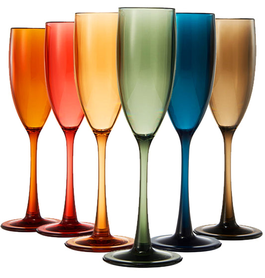 European Style Plastic Acrylic, Champagne Flutes Glasses | Set of 6 | Colored Reusable Toasting Cups 100% Tritan Drinkware, 5 oz Dishwasher Safe BPA-free plastic, Perfect Poolside & Outdoors,