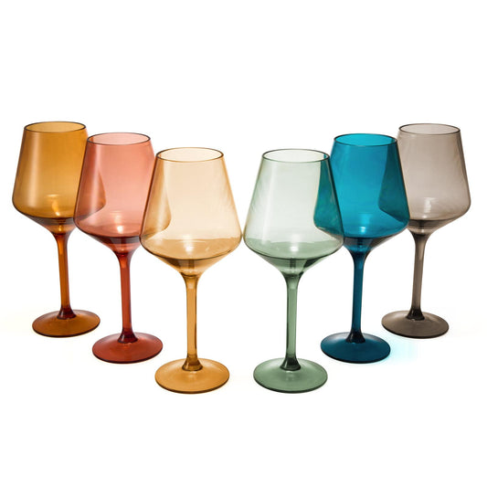 European Style Plastic Crystal, Stemmed Wine Glasses | Set of 6 | Acrylic Tritan Drinkware, Unbreakable Muted Color Shatterproof BPA-free, Reusable, Floating Pool & Indoor & Outdoor, Hand Wash 15oz