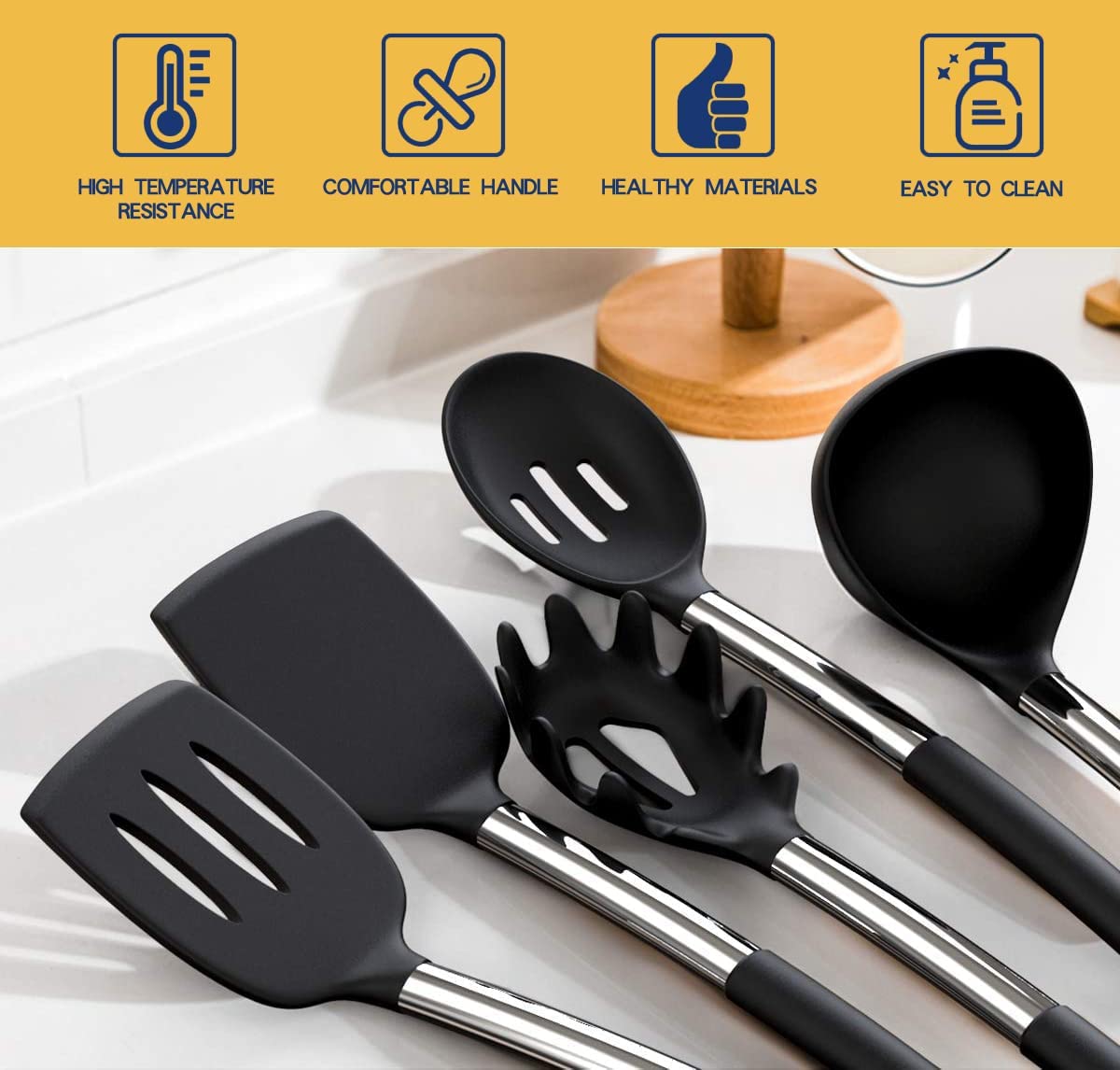 Black 24-Piece Silicone Cooking Utensil Set, Fungun Non-stick Kitchen Utensil 24 Pcs Cooking Utensils Set, Heat Resistant Cookware, Silicone Kitchen Tools Gift with Stainless Steel Handle (Black-24pcs)