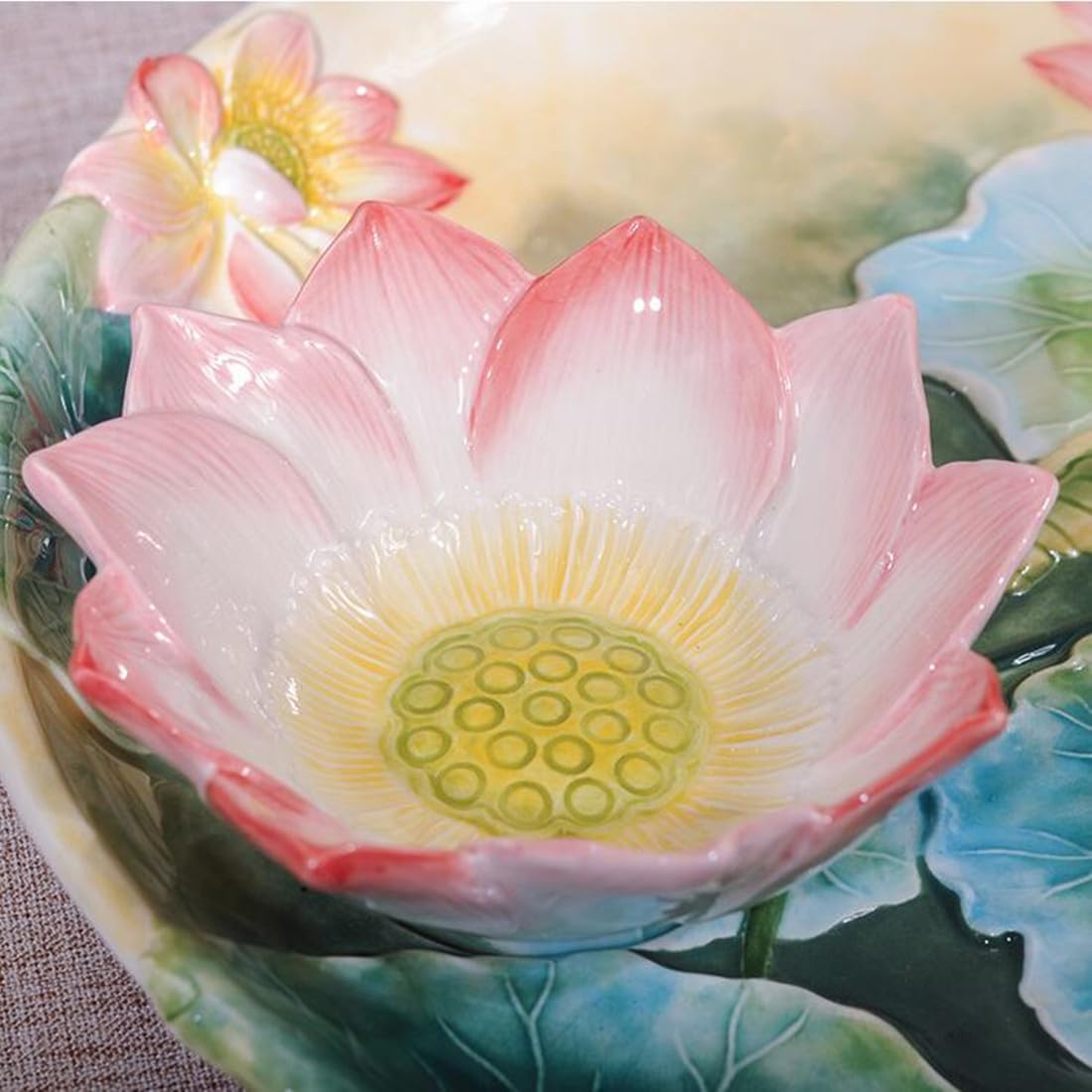 Handpainted 12-Inch Ceramic Chip and Dip Platter with Lotus Flower Design