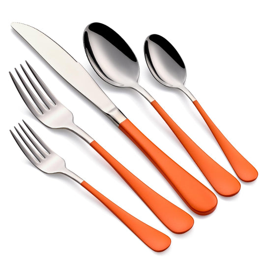 Tangerine 20-Piece  Silverware Set 18/0 Stainless Steel Flatware Orange Handle Cutlery Set Service for 4 Dinner Knives Forks Spoons Set Mirror Finish Dishwasher Safe