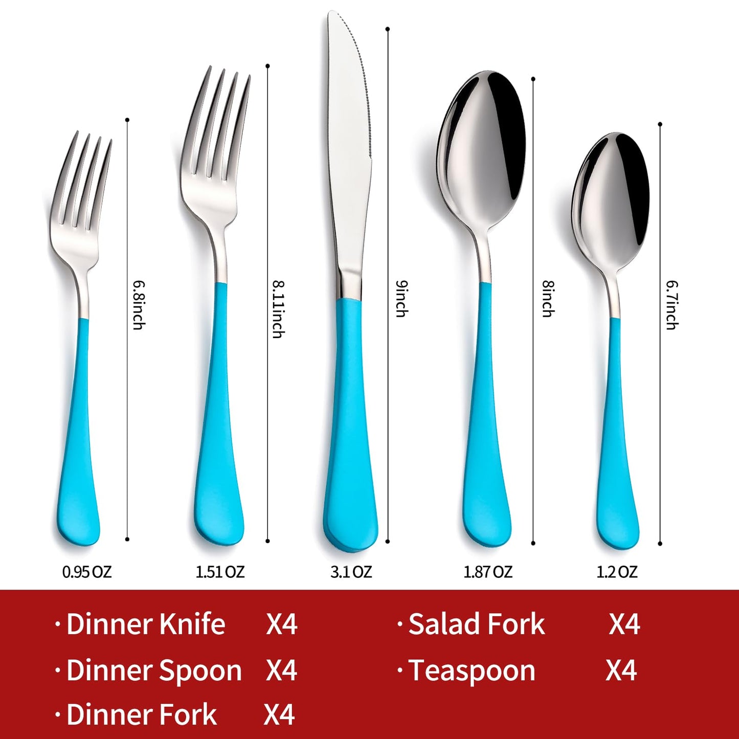 Bright Turquoise 20-Piece  Silverware Set 18/0 Stainless Steel Flatware Blue Handle Cutlery Set Service for 4 Dinner Knives Forks Spoons Set Mirror Finish Dishwasher Safe