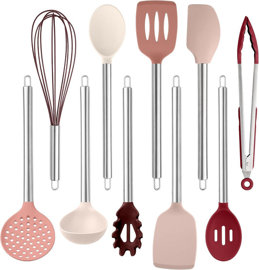 Rose COOK WITH COLOR Silicone Cooking Utensils, Kitchen Utensil Set, Easy to Clean Silicone Kitchen Utensils, Cooking Utensils for Nonstick Cookware, Kitchen Gadgets Set, 10 Pieces, Rose
