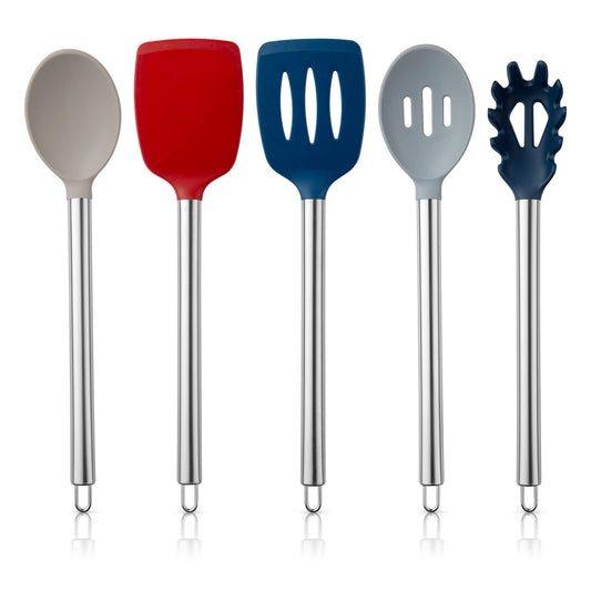 COOK WITH COLOR Silicone Cooking Utensils, Kitchen Utensil Set, Easy to Clean Silicone Kitchen Utensils, Cooking Utensils for Nonstick Cookware, Kitchen Gadgets Set, 5 Pieces, Red
