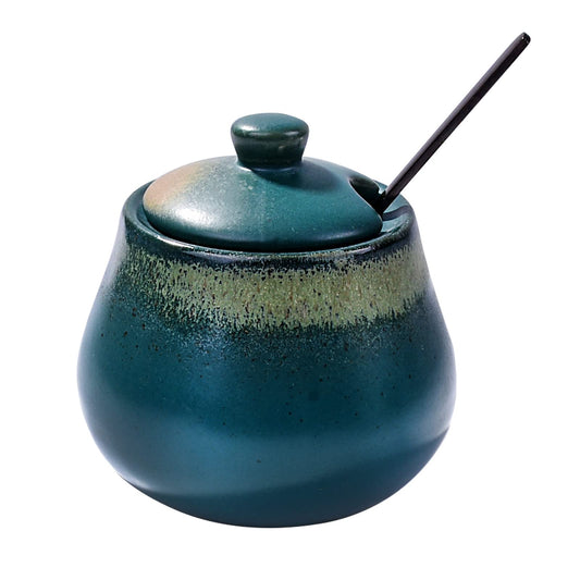 BOSILI Green Ceramic Sugar Bowls with Spoon Porcelain Salt Container with Lid for Home and Kitchen