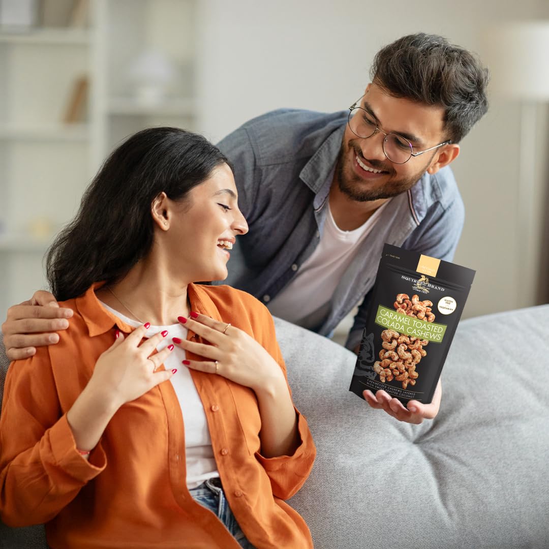 Squirrel Brand Caramel Toasted Colada Cashews 3.5 oz Resealable Bag with sweet toasted coconut, natural flavors
