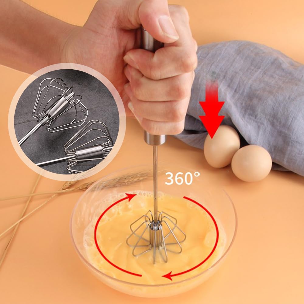 Stainless Steel Semi-Automatic Whisk, Stainless Steel Egg Whisk Hand Push Rotary Whisk Blender, Semi Automatic Whisk Hand Push Spinning Whisk for Cooking Kitchen Home Egg Milk (12 in)