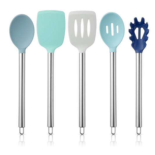 Blue Ombre COOK WITH COLOR Silicone Cooking Utensils, Kitchen Utensil Set, Easy to Clean Silicone Kitchen Utensils, Cooking Utensils for Nonstick Cookware, Kitchen Gadgets Set, 5 Pieces, Blue Ombre