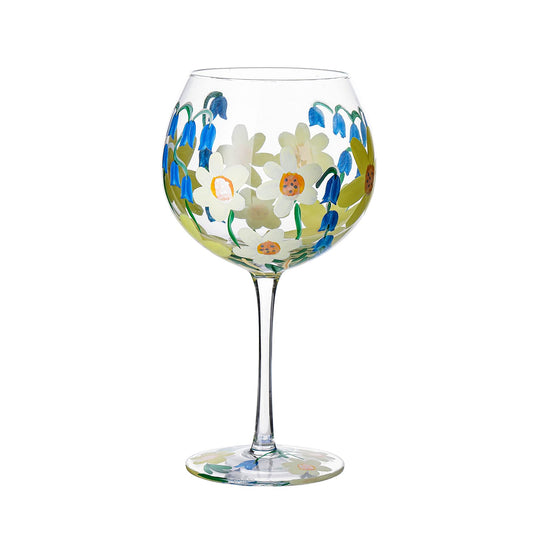 Hand-Painted Wine Glass Blue White Yellow Flowers Artisan Painted 20.5 Oz. Personalised Gift Idea