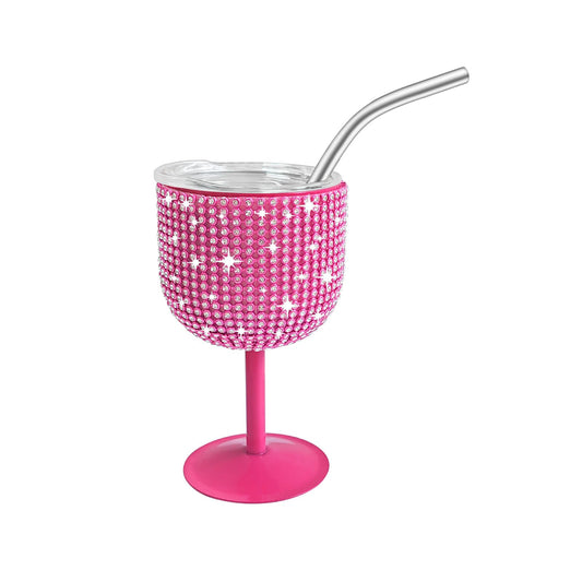 INSTOME Rhinestone Stainless Steel Wine Glasses,4oz Bling Stemmed Stainless Steel Wine Tumbler with Lid and Straw for Camping,Picnics,Travel,Birthday Gifts for Family (pink, 4oz)