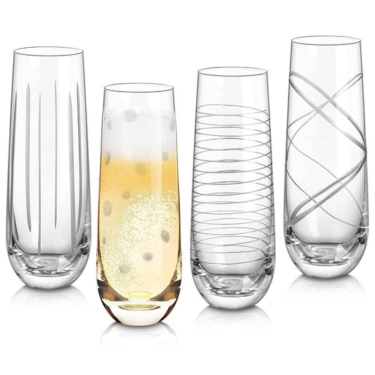 Handmade Mouth-Blown Joeyan Etched Champagne Flutes Glasses Cups, Handmade Mouth Blown Aesthetics Glassware Art Decoration, Home Bar Essentials, Gifts for Wedding Anniversary Daily Use, Set of 4, 9.8 oz., Dishwasher Safe