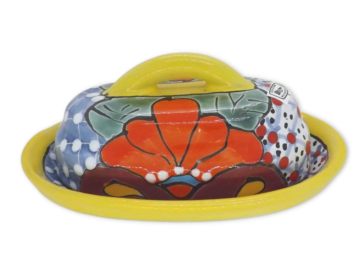 MEXTEQUIL - Butter Dish Ceramic Talavera with Lid Hand Painted Authentic Mexican Pottery Kitchen Floral Design (Yellow)