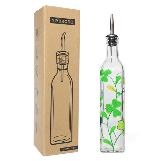 YIYUKODO 17oz Hand Painted Glass Olive Oil Bottle - 500ml Green Oil & Vinegar Cruet with Pourers - Olive Oil Carafe Decanter for Kitchen (Shamrock)