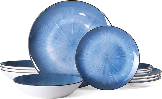 Bestone 12 Piece Round Kitchen Dinnerware Set,Plates and Bowls sets,Dishes, Plates, Bowls, Dish Set，Plates and Bowls,Service for 4, Chip Resistant Porcelain，Starburst Blue