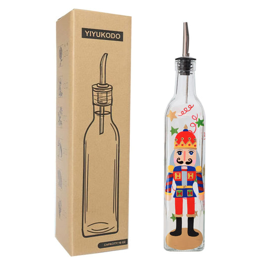 YIYUKODO 17oz Hand Painted Glass Olive Oil Bottle - 500ml Green Oil & Vinegar Cruet with Pourers and Funnel - Olive Oil Carafe Decanter for Kitchen (The Nutcracker)