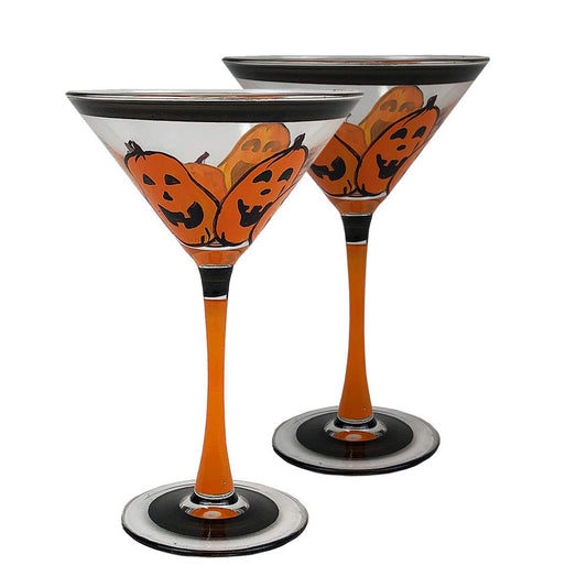 Golden Hill Studio Hand Painted Martini Glasses Set of 2 - Pumpkin Family Collection - Hand Painted Glassware by USA Artists - Unique and Decorative Martini Glasses, Kitchen Table Décor
