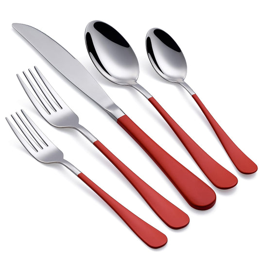 Red 20-Piece Silverware Set 18/0 Stainless Steel Flatware Red Handle Cutlery Set Service for 4 Fork Knife Spoon Set Mirror Finish Dishwasher Safe