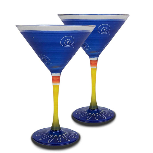 Golden Hill Studio Hand Painted Martini Glasses Set of 2 - Peruvian Splendor Dark Blue Collection - Hand Painted Glassware by USA Artists - Unique and Decorative Martini Glasses, Kitchen Table Décor
