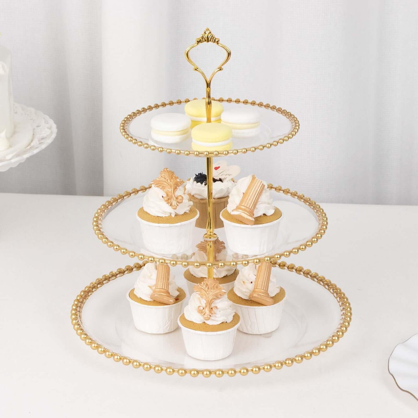 Efavormart Clear 3-Tier Round Plastic Cupcake Tower Stand with Gold Beaded Rim, Dessert Display Tea Party Serving Platter With Top Handle - 14" Tall