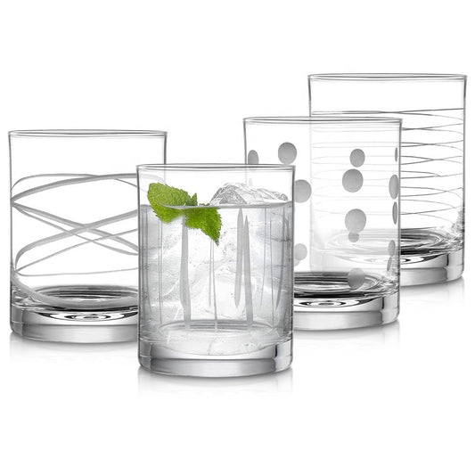 Joeyan Hand Blown Etched Whiskey Glasses,Old Fashioned Tumblers with Stripes Dots Pattern,Clear Carved Rocks Glasses,Scotch Bourbon Glassware for Party Anniversary,13.5 oz,Set of 4,Dishwasher Safe