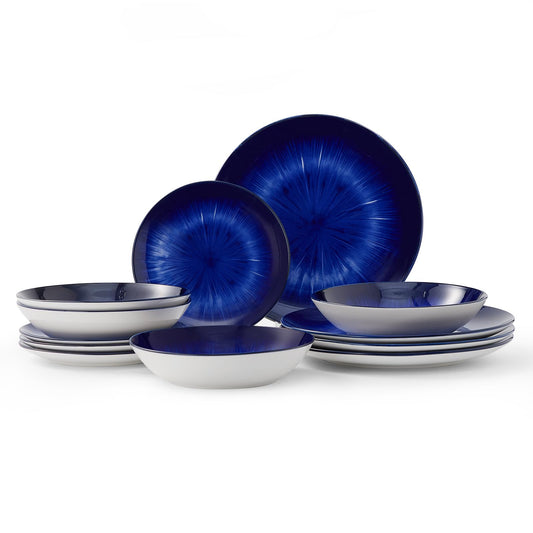 Bestone 12 Piece Round Kitchen Dinnerware Sets,Plates and Bowls sets,Dishes, Plates, Bowls, Dish Set,Plates and Bowls,Service for 4, Chip Resistant Porcelain (Dark Blue)