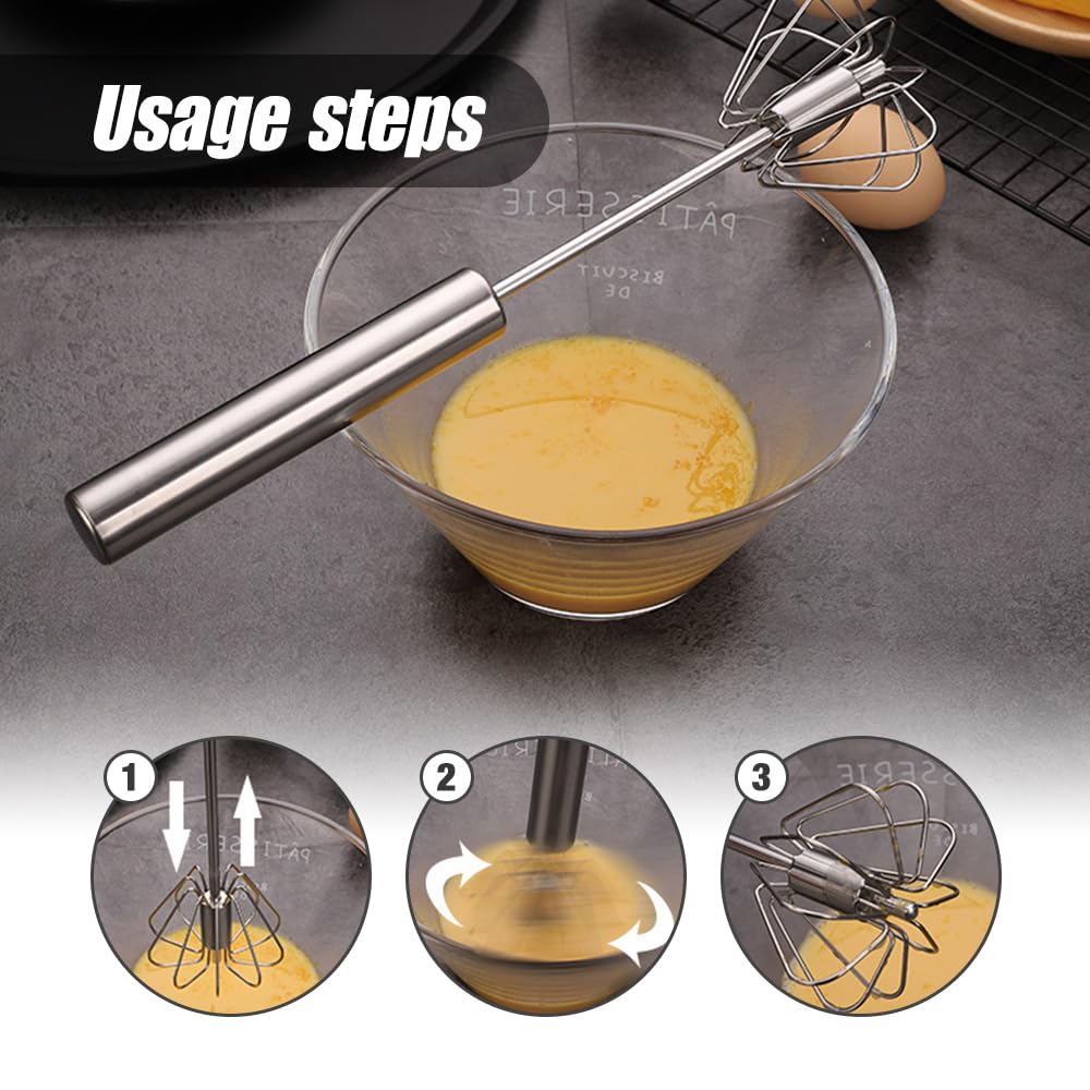 Stainless Steel Semi-Automatic Whisk, Stainless Steel Egg Whisk Hand Push Rotary Whisk Blender, Semi Automatic Whisk Hand Push Spinning Whisk for Cooking Kitchen Home Egg Milk (12 in)