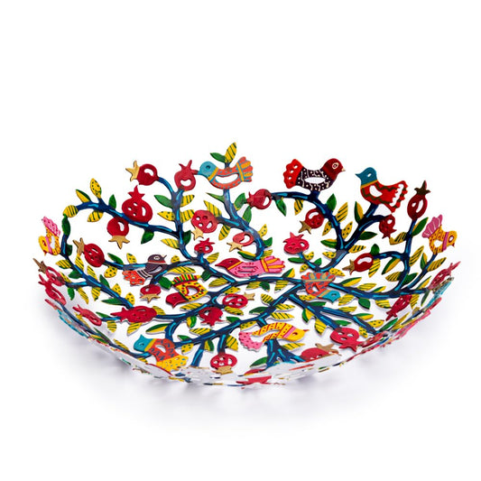 EMANUEL Yair Decorative Metal Fruit Bowl | Vibrant Hand Painted Bowl | Hangable Centerpiece Bowl for Home Decor and Gifting | Judaica Art (10 inch, Pomegranate Tree)