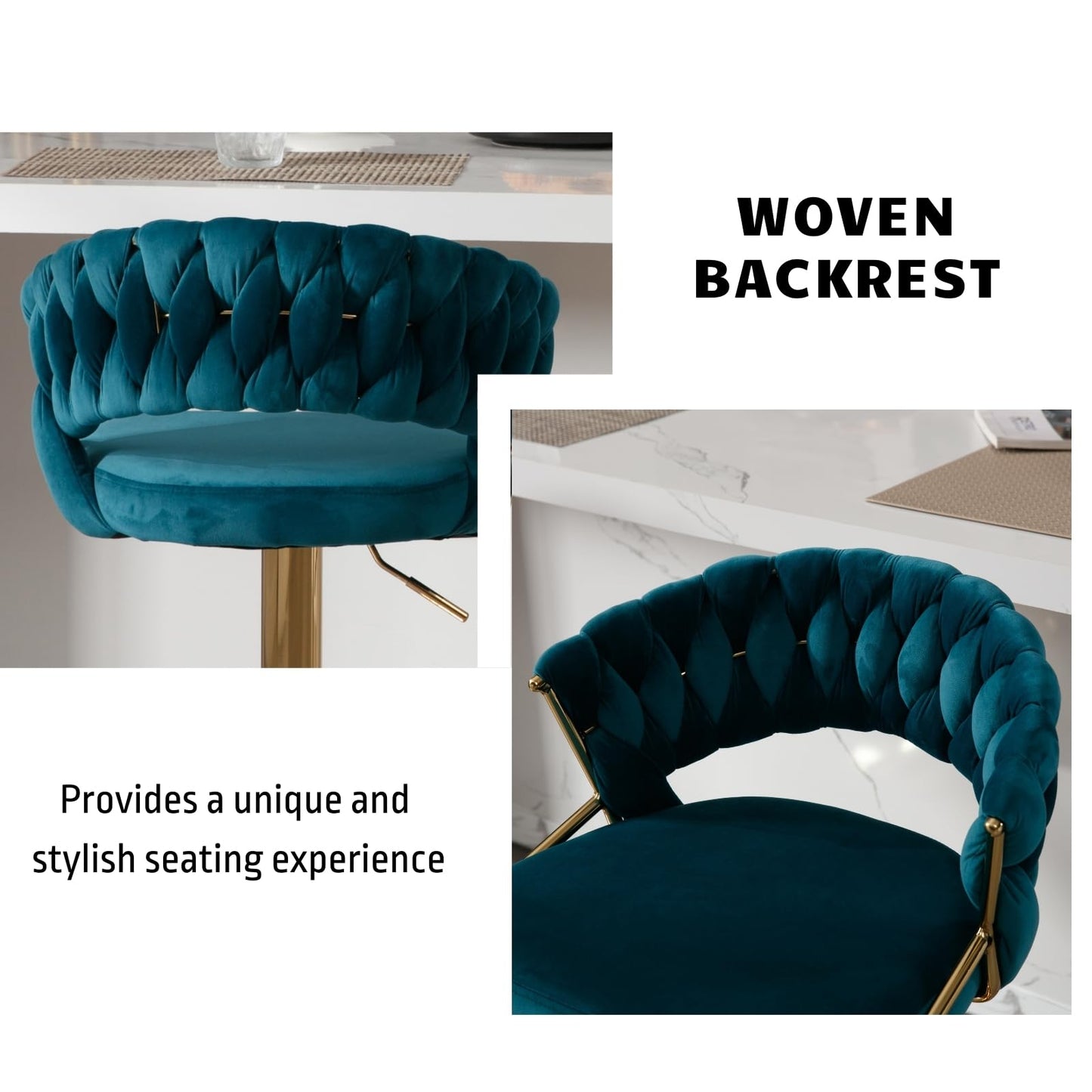 Modern Teal Green Velvet and Gold Swivel Bar Stools (Set of 2)