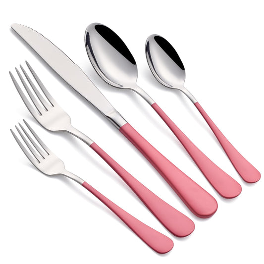 Cotton Candy Pink 20-Piece Silverware Set 18/0 Stainless Steel Flatware Pink Handle Cutlery Set Service for 4 Dinner Knives Forks Spoons Set Mirror Finish Dishwasher Saf