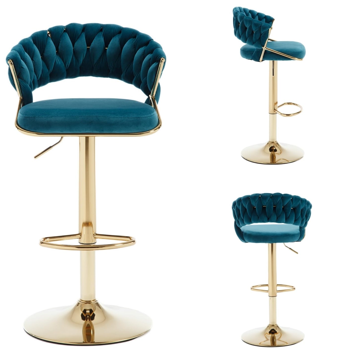 Modern Teal Green Velvet and Gold Swivel Bar Stools (Set of 4)